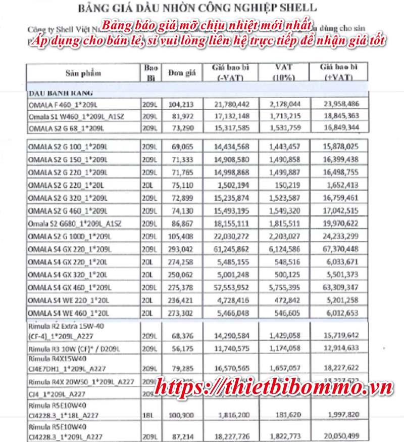 Bảng báo giá mỡ chịu nhiệt mới nhất 2019 tại Hà Nội